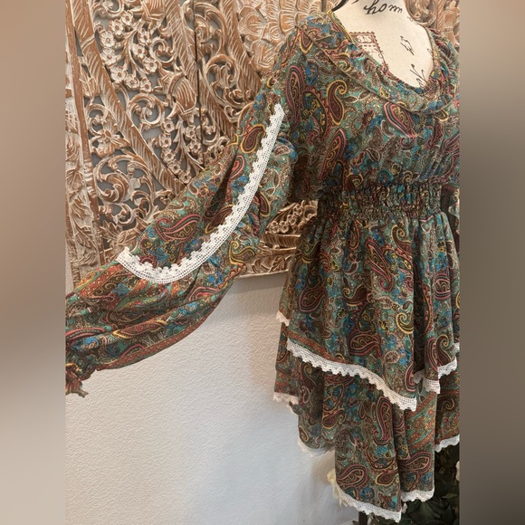 Pink and Silver Gypsy Bohemian Asymmetrical Layered Midi Dress w/ Crochet Trim - Picture 7 of 16